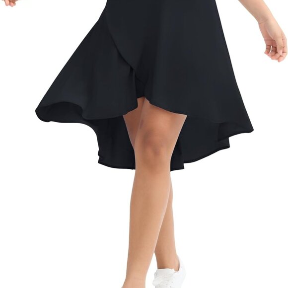 Black women's high waist flowy midi skirt with asymmetric ruffle hem, built-in s - Picture 1 of 6